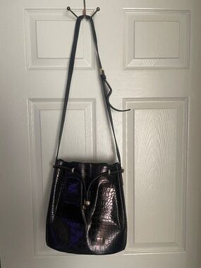 Vintage Bally Croc Embossed Leather Bucket Bag Black Drawstring Made in Italy